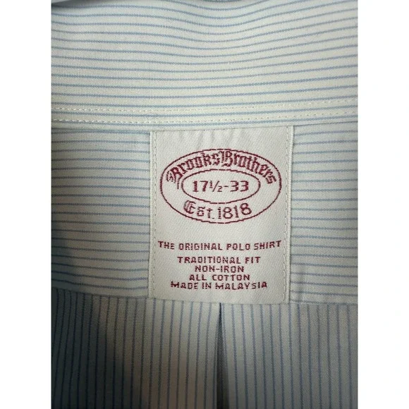 Brooks Brothers Shirt Mens 17.5 33 Traditional Fit Non Iron Blue White Stripe